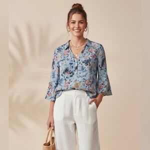 Light Blue Floral V-Neck Henley Blouse